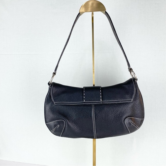 Kate Landry Black With White Stitching Pebble Leather Snap Closure Handbag - Picture 2 of 8